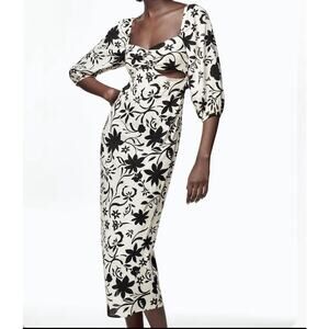 ZARA WOMAN LINEN BLEND FLORAL MIDI DRESS Ecru/Black